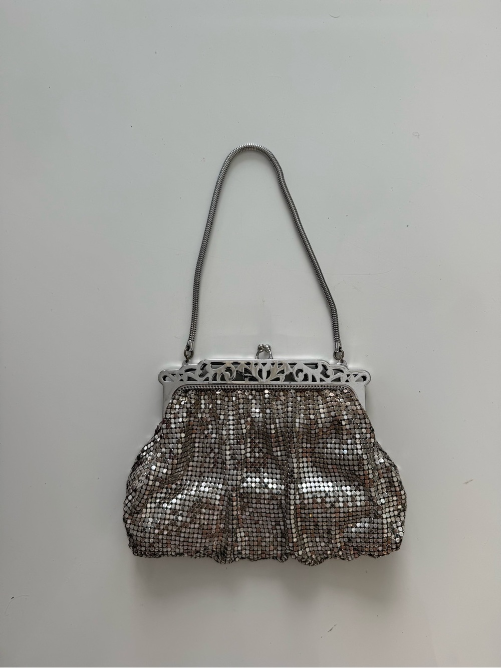 Vintage 1950s Whiting & Davis Silver Armor Mesh Evening Bag Art Deco Filigree